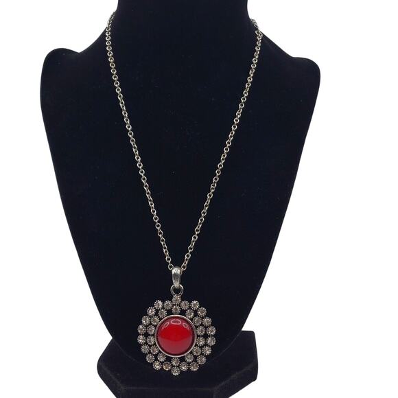 Red Acrylic & Crystal Pendant Necklace Rhinestone Silver Tone Chain 19" Vintage - Picture 2 of 7